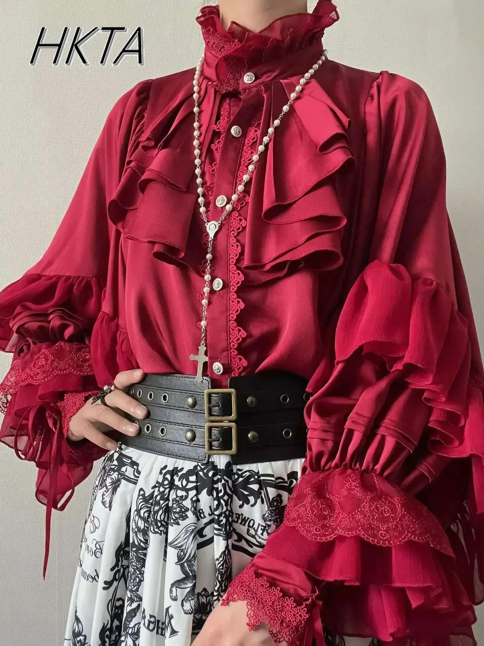 Gothic Style Batwing Sleeve Shirt Women Lolita Loose Spring Autumn Ladies Elegant Red And Black Top Solid Color Blouse