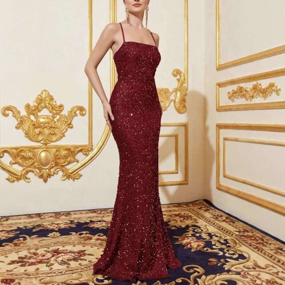 New Cross-Border Trade Women's High-Waisted Sexy Sequin Split Bridesmaid Dress Strap Evening Gown