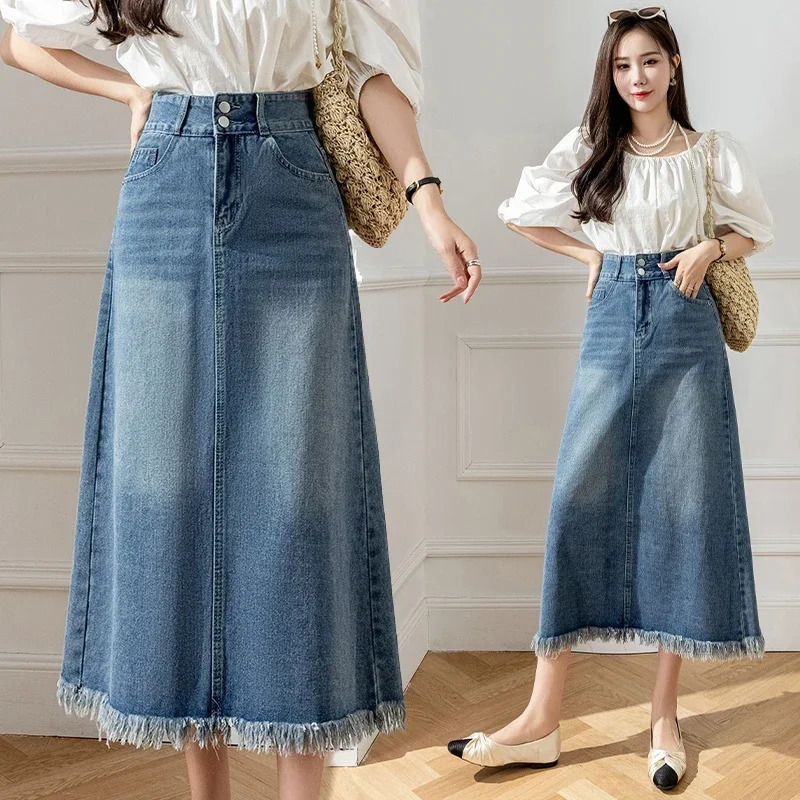 Seoulish Retro Blue Denim Skirts for Women 2025 Spring Summer Elegant High Waist Tassel Pockets Medium Length A-line Skirt 250407