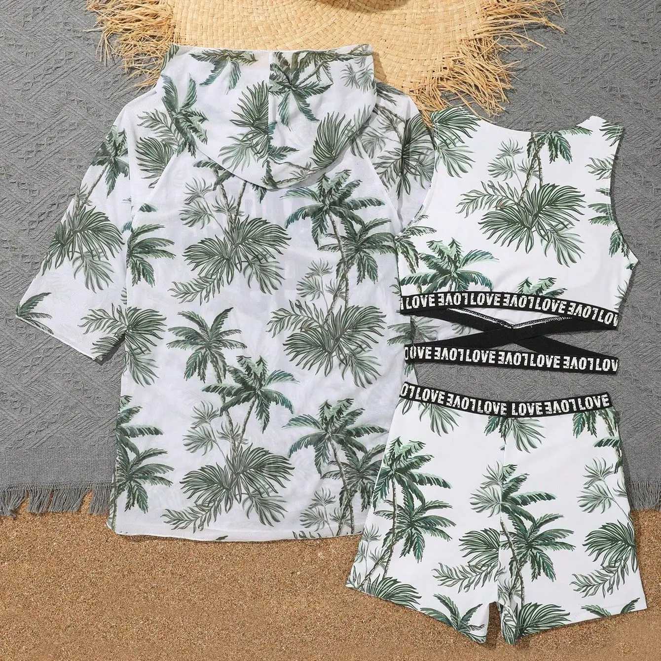 Girls 3-piece coconut palm print high waisted bikini shorts beach surfing Tankini set and shirt 7-12 years old childrens swimsuit J250403