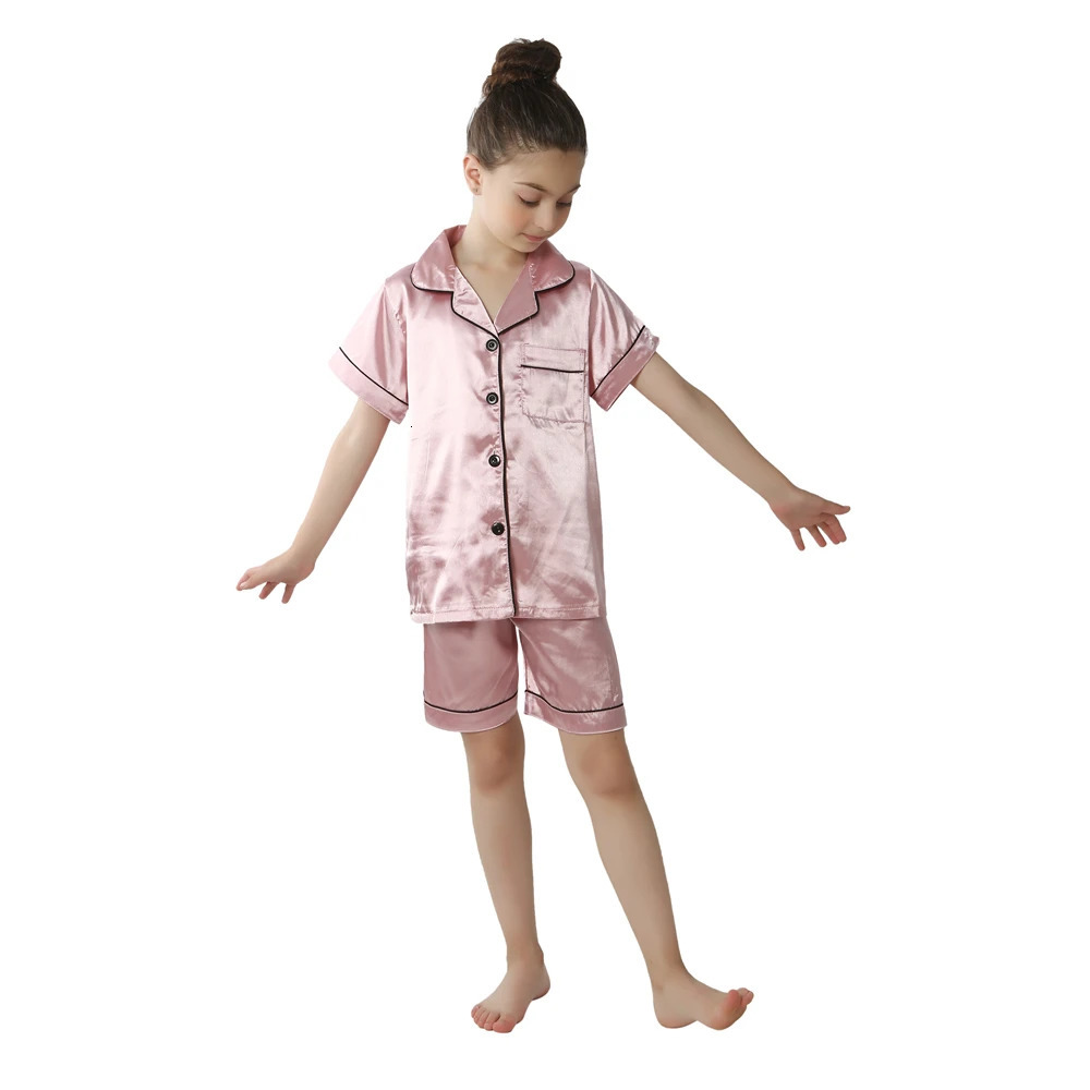 Summer Short Sleeve Satin Pajamas Silk Fabric Girls Sleepwear Boys Nightwear Solid Childrens Pajama Sets Pyjamas Boy Baby Wear 250407