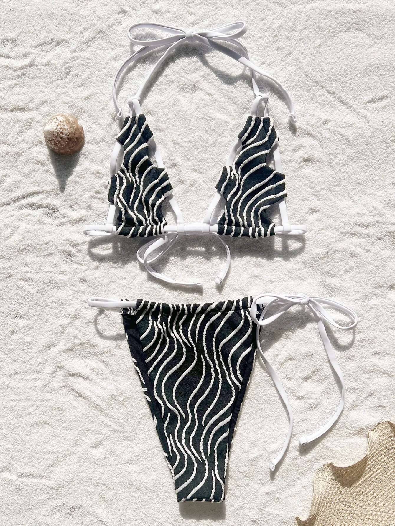 Dongdumaoyi Sexy Black Striped Bikini Set Women Hollow Out Push Up Micro Swimsuit Beach Bathing Suit Bandage Tie Side Thong Swimwear