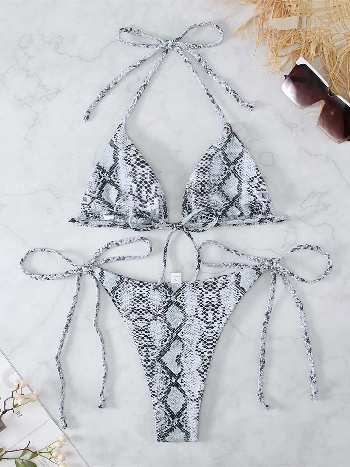 Dongdumaoyi Sexy White Snakeskin Print Bikini Set Women Push Up Tis Side Thong Swimsuit Brazilian Lace Bathing Suit Micro Swimwear