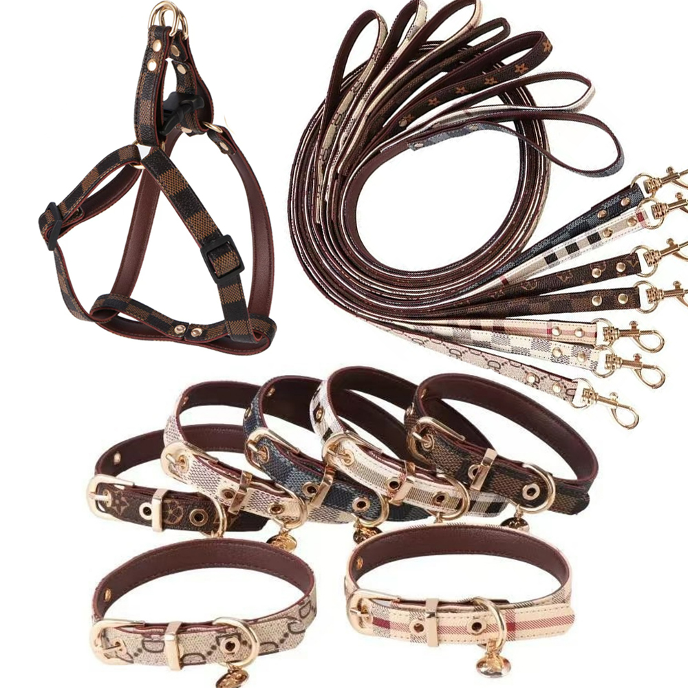 Harness Designer Dog Collars and Leashes Set Soft Adjustable Printed Leather Classic Pet Collar Leash Sets for Small Dogs Chihuahua Poodle