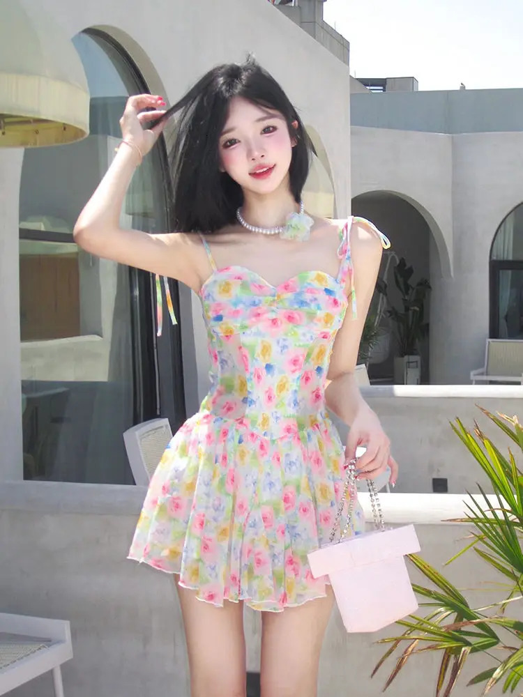 Sexy backless floral mini dress for women spaghetti strap pleated edge laminated ultra-thin elegant dress summer holiday beach party set 250401