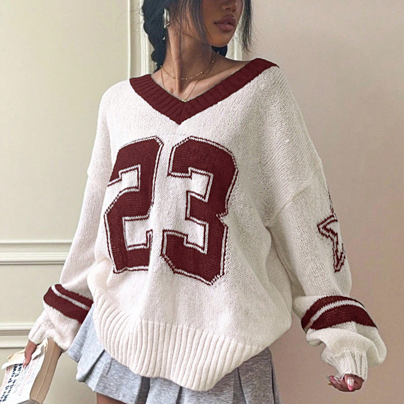 Women's color-blocked sports top, V-neck long-sleeved sweater, color-block stripes, number pattern jacquard--SSJ020