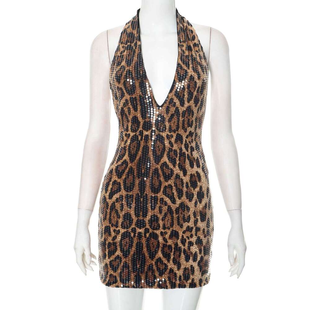 G25DS047 Sexy Sleeveless Halter Leopard Print Sequin Deep V-Neck Backless Bodycon Dress Cross-Border Hot Girl