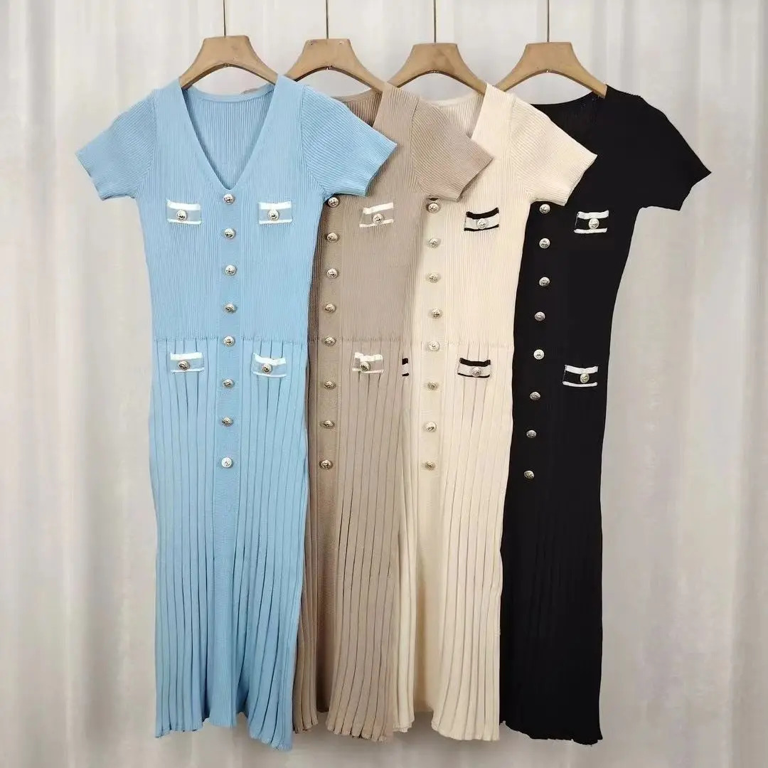 Elegant and fashionable knitted long dress for women short sleeved single chest V-neck dress office women summer tight vest casual 250402
