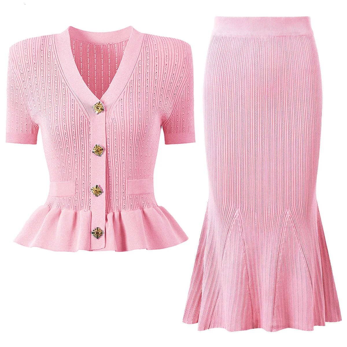 Quality Crytal Summer Knitted Two Piece Set Women Short Sleeve Knitting Cardigan Fishtail Long Skirt Suit 2pcs Outfit Knitwear 251106