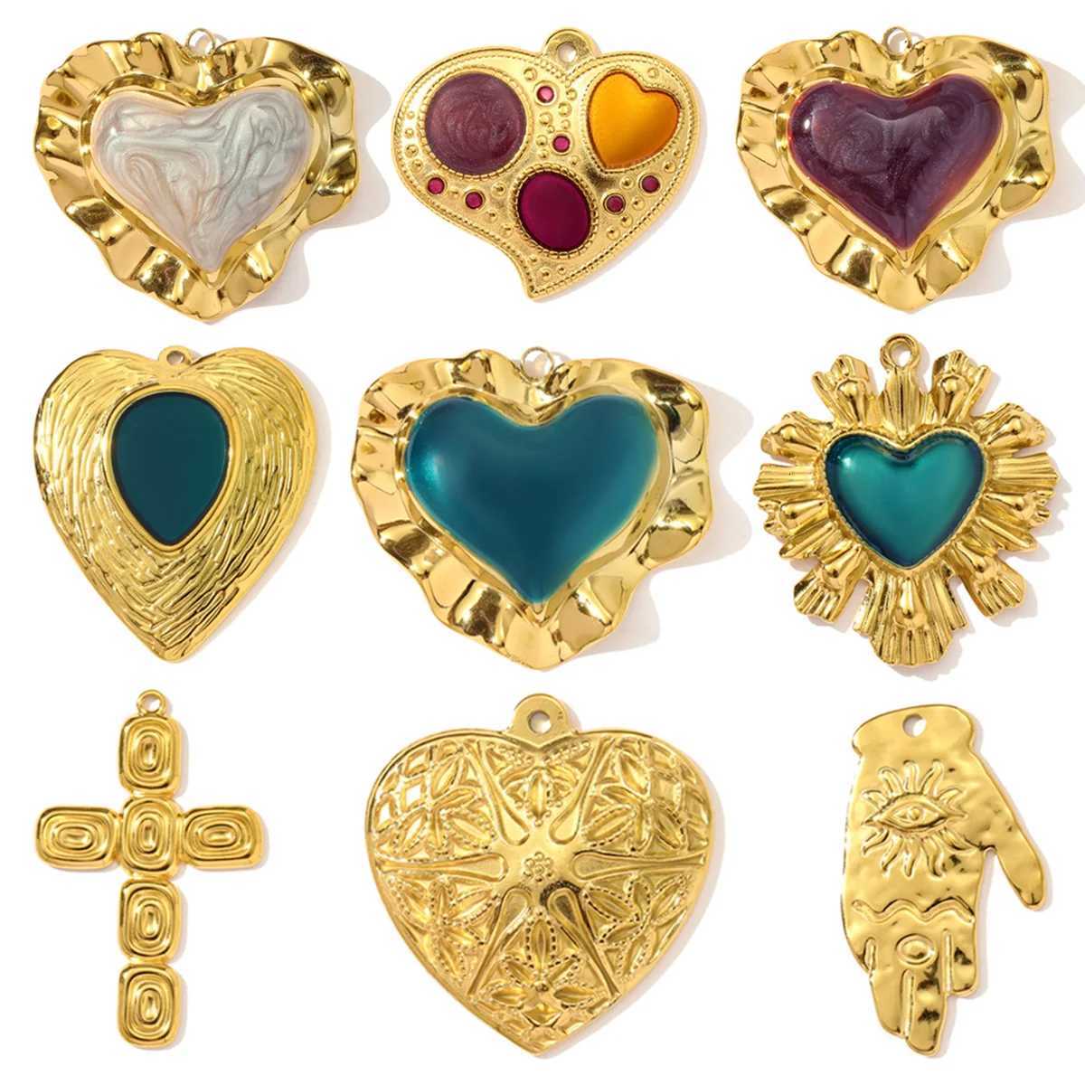 3pcs/Lot French Retro Stainless Steel Enamel Love Heart Necklace Pendant Hamsa Hand DIY Earring Charm Women Big Cross JewelryXJ251107