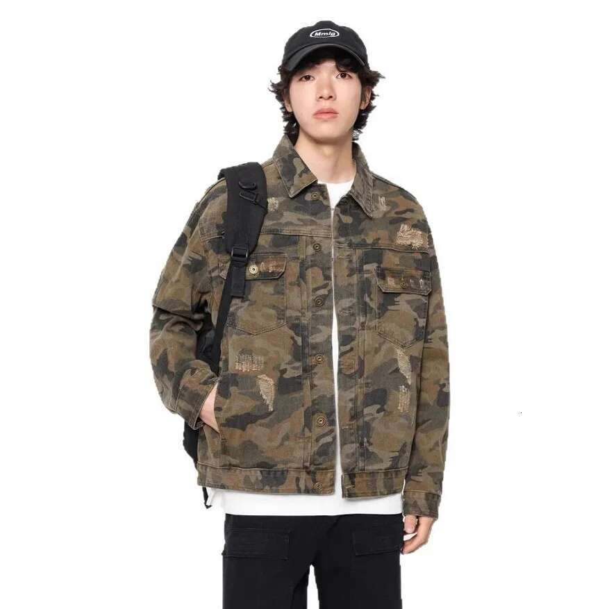 Camouflage Pure Cotton Men Streetwear Fashion Hip Hop Loose Casual Vintage Hole Denim Varsity Jacket Cowboy Coat