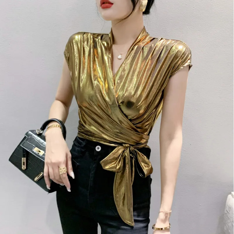 Streetwear gold silver green shiny short sleeved shirts womens sexy irregularly packaged bandages summer tops 250407