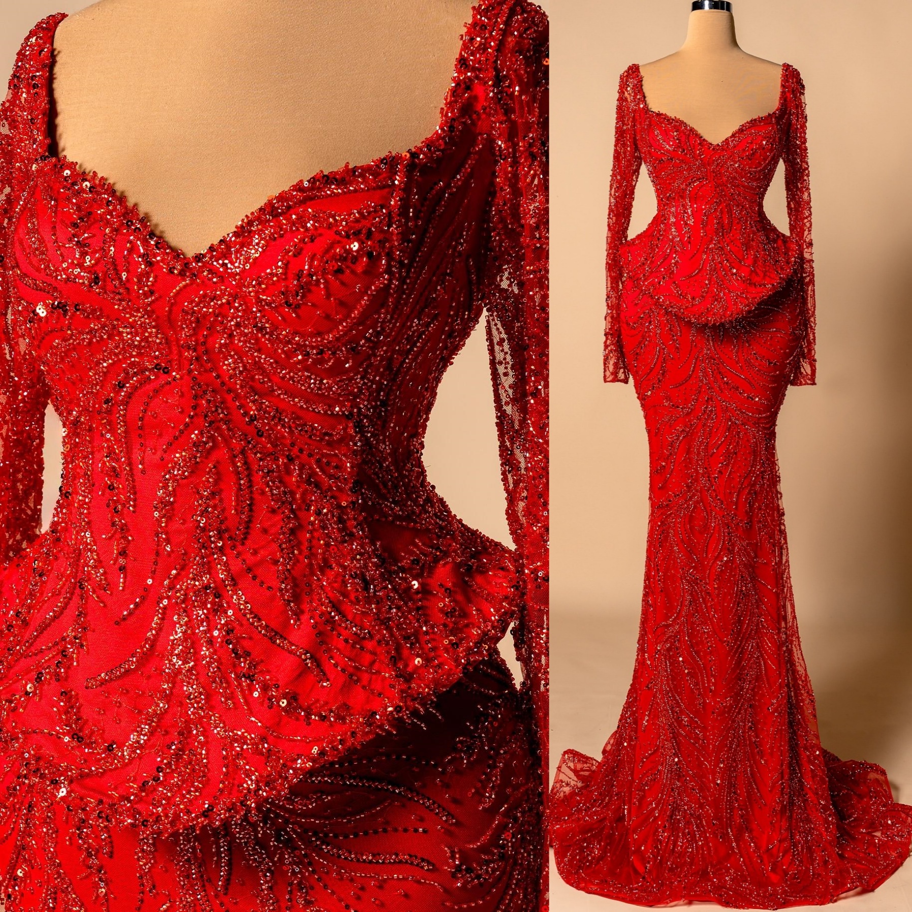 Mermaid Red Prom Dresses 2026 Sweetheart Long Sleeves Sequined Lace Evening Formal Party Second Birthday Engagement Gowns Plus Size Dress For Special 