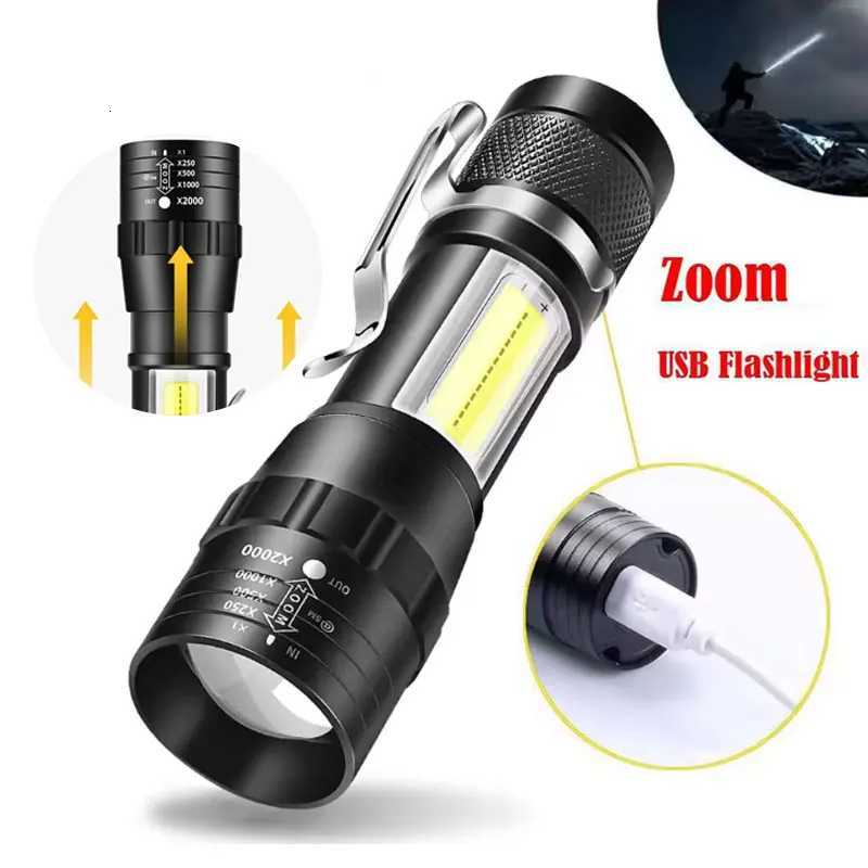 Portable LEDCOB Rechargeable Compact Telescopic Zoom Tactical Flashlight With Clip Outdoor Emergency ABS Torch WaterprootW251106