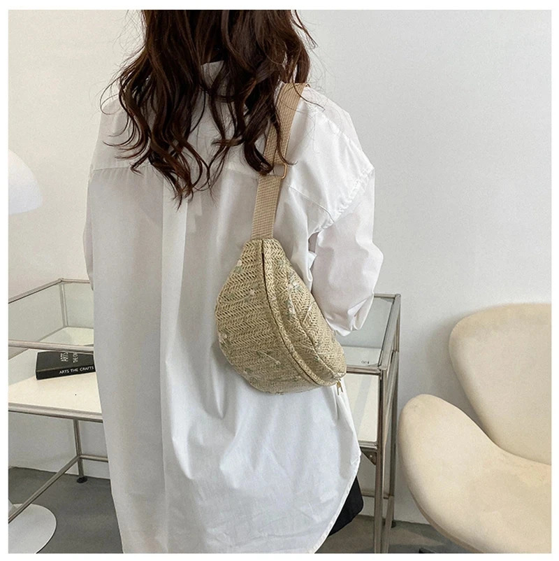 Womens suspender backpack chest cross body bag fashionable straw woven small waist bag summer casual messenger shoulder bag 250402