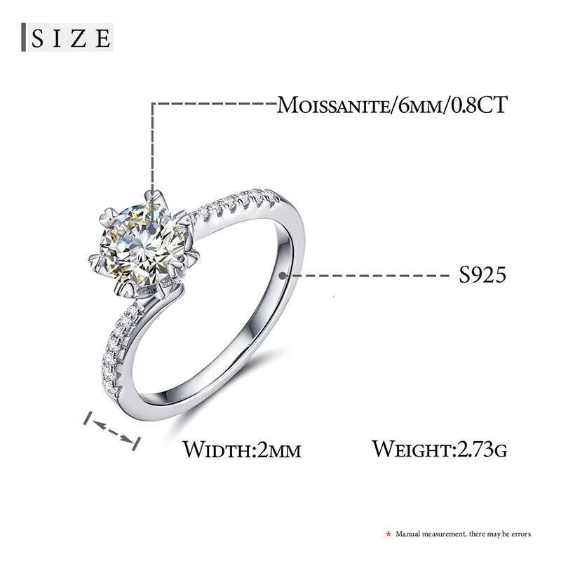Fashion Womens Engagement Jewelry Iced Out 925 Sterling Silver 6mm 0.8ct VVS Moissanite Diamond Wedding Ring