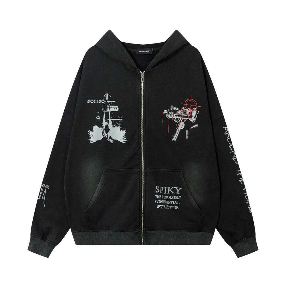 Distressed Double-Sided Printed Hoodies Mens High Street Autumn Pocket Loose Long Sleeve Hooded Outerwear Men