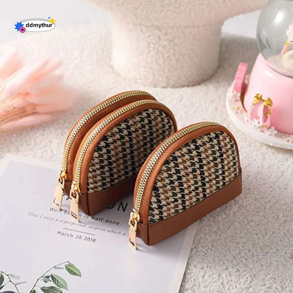 Women Coin Purse Houndstooth Fabric Embroidery Double Layers Zipper Bag Leather Card Holders Mini Key Wallet ddmythur