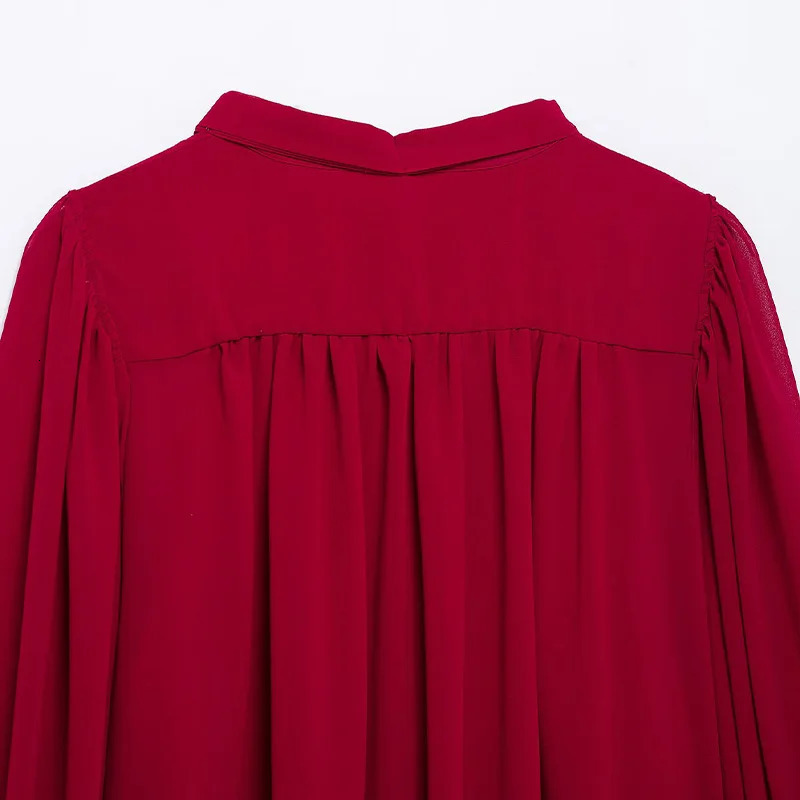 Willshela womens fashionable red bow lace pleated single chest shirt retro Oneck long sleeved 250407