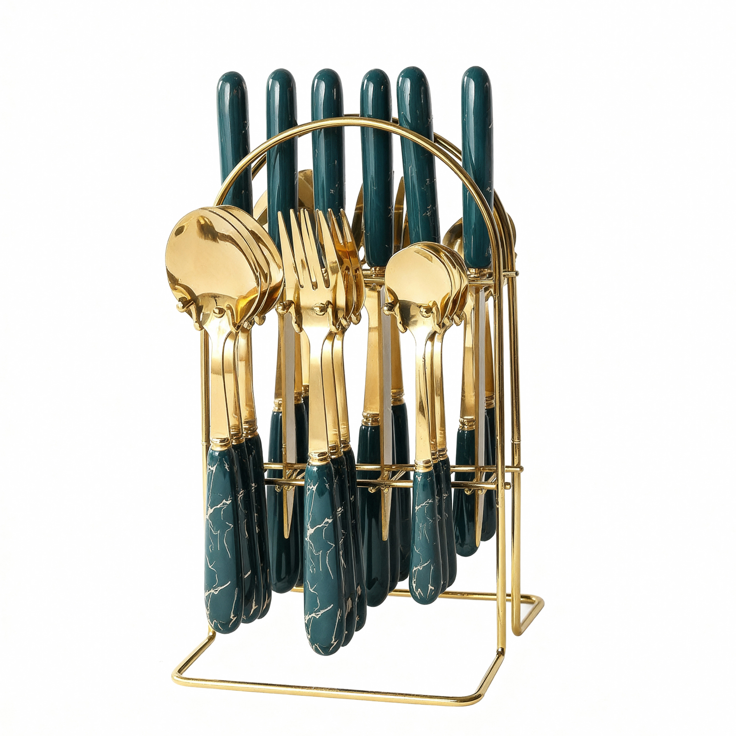 2026 New 24-Piece Gold Cutlery Set with Dark Green Marble Handles & Display Stand, Luxury Western Dinnerware for Wedding & Home Decor