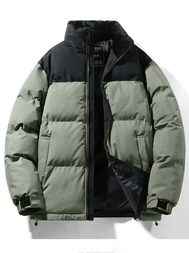 Color - Blocked Army Green Black Down Jacket Water - Resistant Shell Adjustable Cuffs Retro - Inspired Puffer Cold - WeathT251107