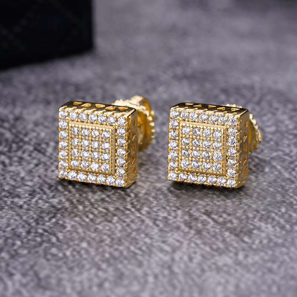 Fashion Jewelry 925 Sterling Silver 18K Yellow Gold Plated Pave CZ Diamonds Cut Square Shaped Stud Earrings