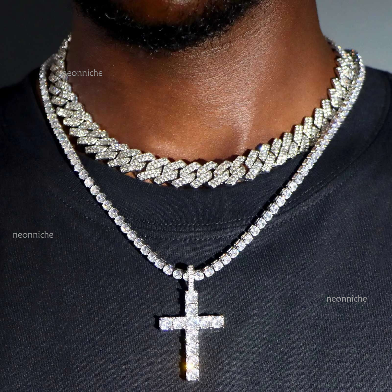 Hip Hop 2pcs Cross Tennis 14MM Prong Necklace For Men Women Iced Out 2 Row Cuban k Chain Necklaces Couple JewelryX240910