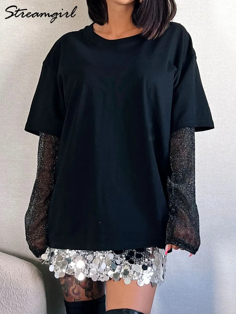Bright Mesh Oversized Womens Long Sleeve Summer Silk Sunscreen Top Loose Sleeves Black Tshirt 250407