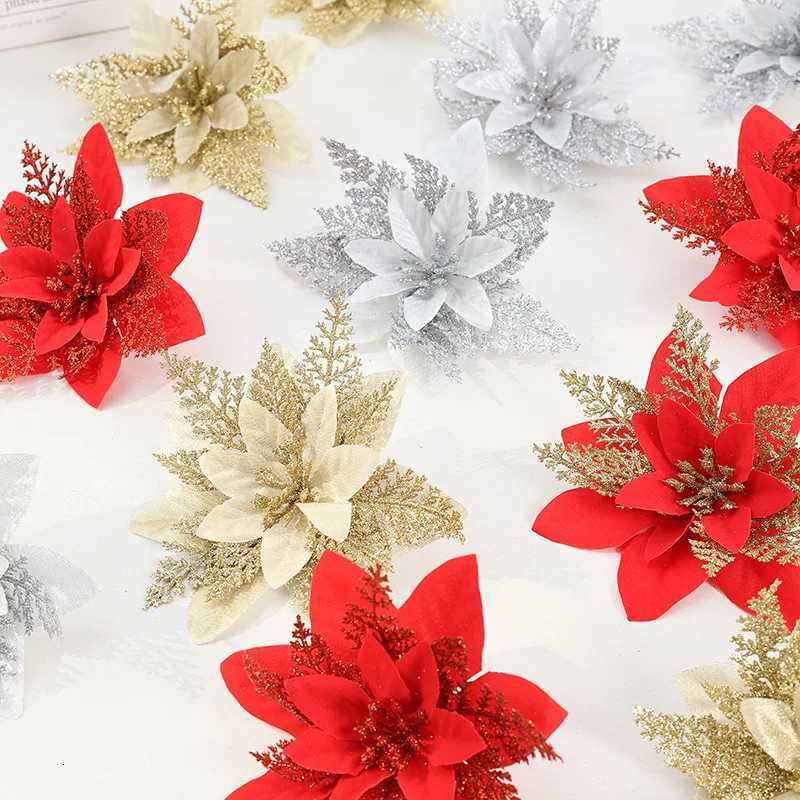 13cm Christmas Glitter Artificial Flower Christmas Flowers 1/5pcs Artificial Shiny Christmas Flowers Christmas Party Vase Decor W251107