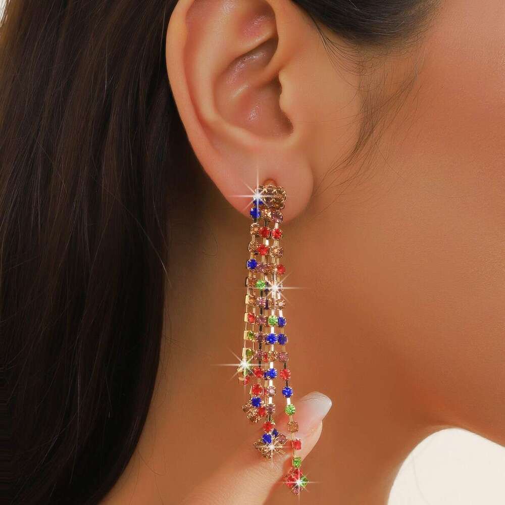 Advanced, fashionable, simple, colorful rhie tassel earrings, banquet street photography, internet celebrity, exaggerated earrings