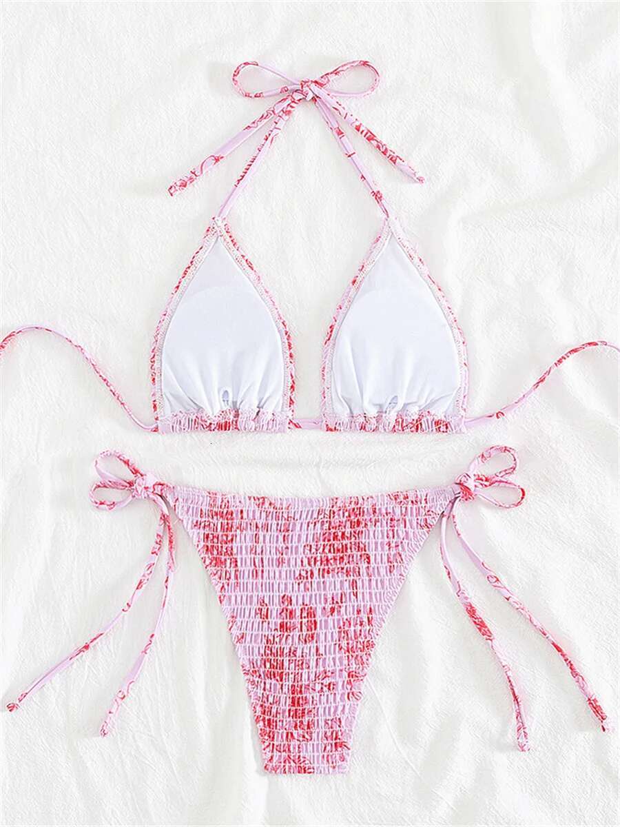 Dongdumaoyi Sexy Pleate Bikinis Sets Women Pink Floral Print Push Up Bra Micro Swimwear Brazilian Bathing Suit Tie Side Thong Swimsuit