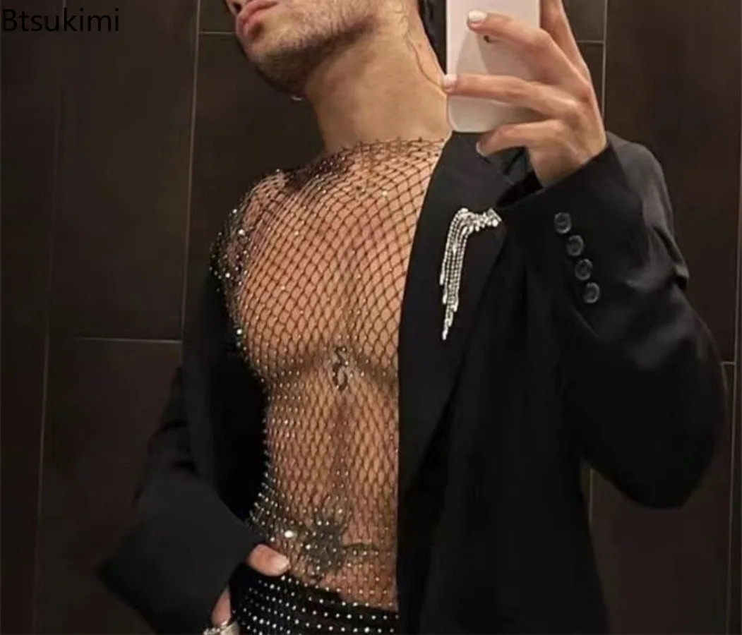 Sexy See Through Mesh T-shirt for Men Sparkling Diamond Fish Net Hollow Fish Tank Top Mens Carnival Party Nightclub Top 250402