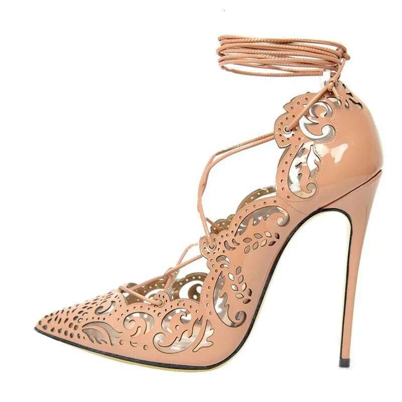 Size 34-46 Women Leather Carved Wers High Heels Stiletto Heel Lace-Up Ral Cut-Out Pumps Pointed Toe Wedding Shoes