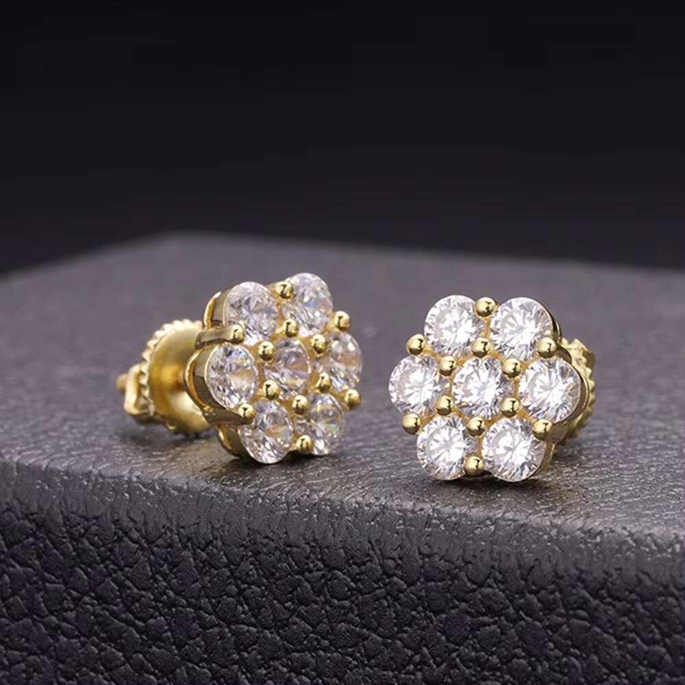 Hip Hop Jewelry Gold Plated Iec Out VVS Moissanite 925 Sterling Silver Flower Cluster Earrings for Men