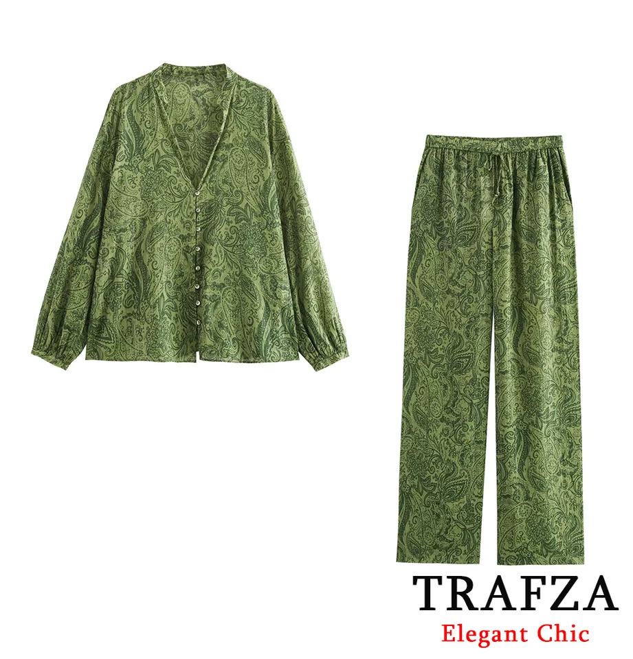 TRAFZA Bohemia Wild Print Pant set womens Vneck button up shirt and pants springsummer fashion street style 250313