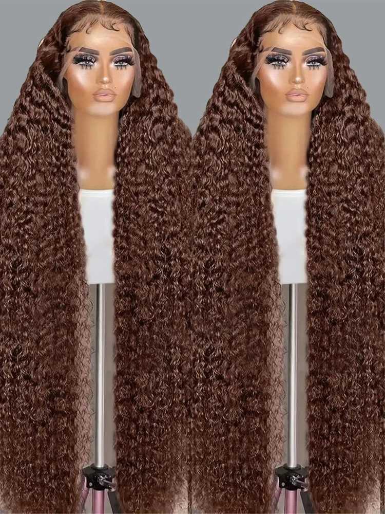 200 Chocolate Brown Deep Wave Human Hair Wig 30 40Inch Transparent Lace Frontal Wigs For Women 13x6 Lace Front Water Curly Wigs W251107