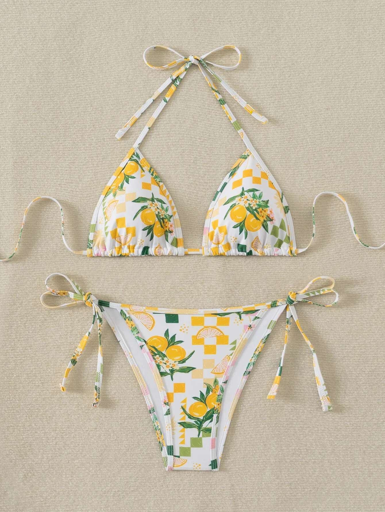 Dongdumaoyi Sexy Yellow Floral Print Bikini Set Women Halter Push Up Bra Thong Swimsuit Brazilian Beach Bathing Suit Micro Swimwear