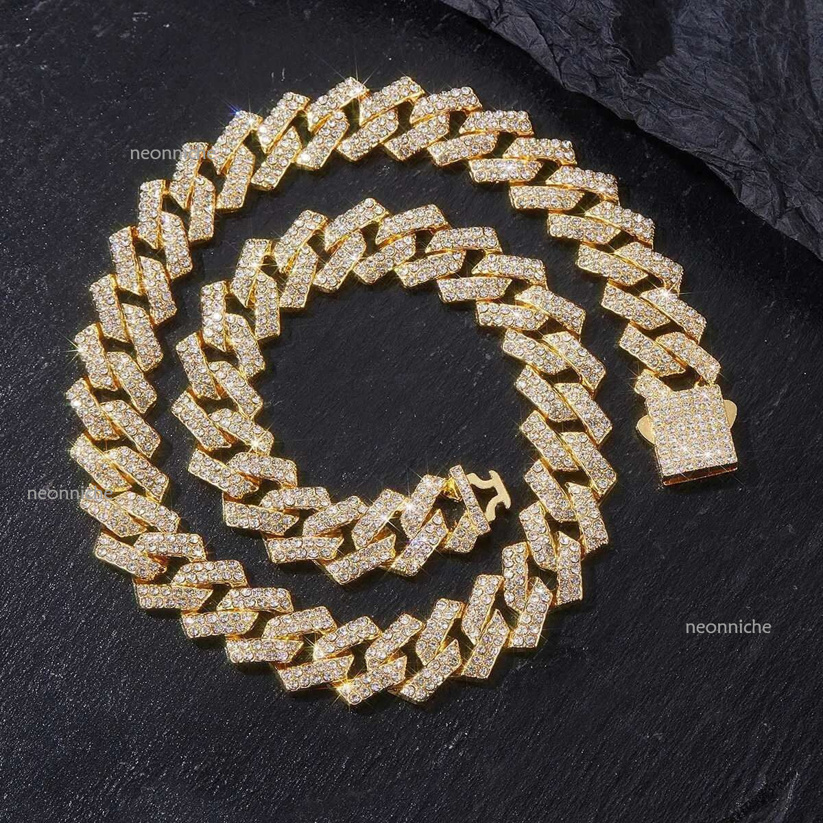 Mens 15MM Chain Iced Siery/Golden Miami Cuban Shiny Necklace Bracelet Hip Hop jewelryX240919
