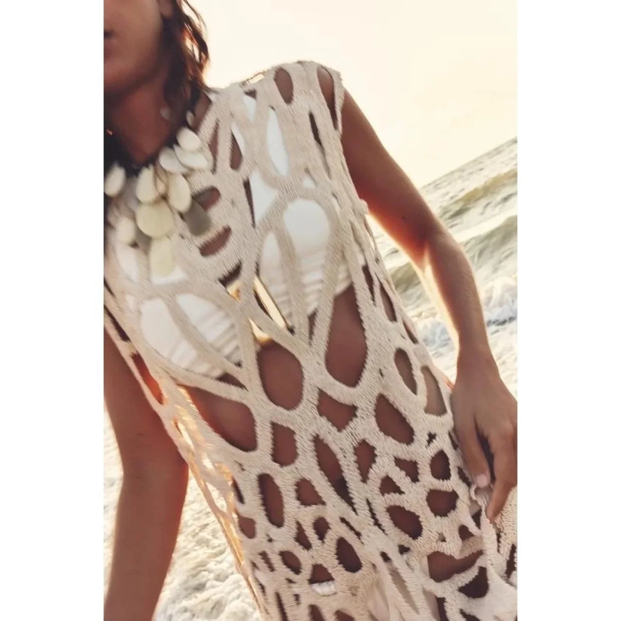 Sexy diamond hole knitted cotton thread crochet Midi dress sleeveless hook knitted 90-135 pounds Z Home 250402
