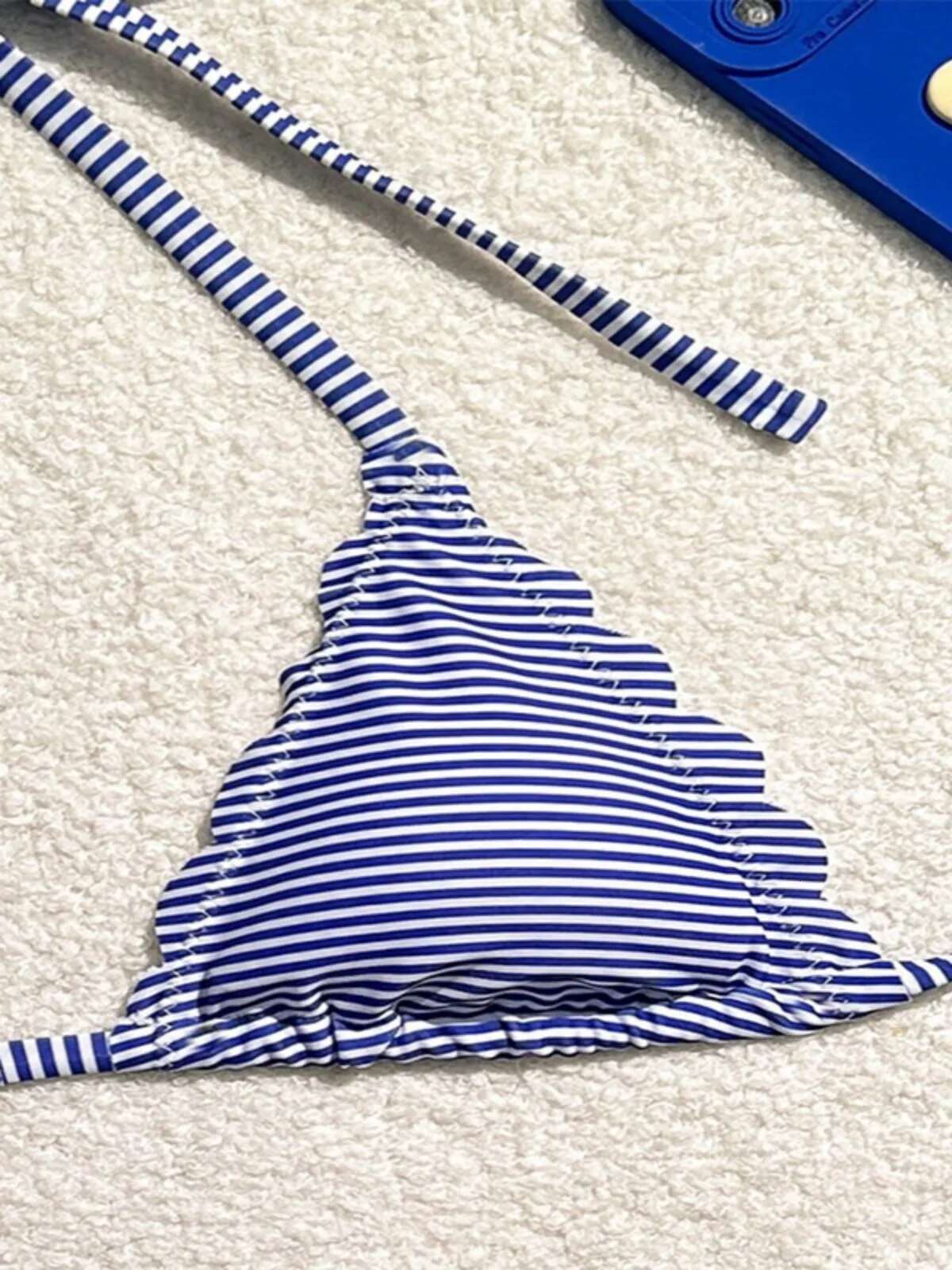 Dongdumaoyi Women S Blue Stripe Print Two Piece Swimsuit Sexy Mini Triangle Cup Bra Halter Backless Bikini Set Summer Beach Swimwear