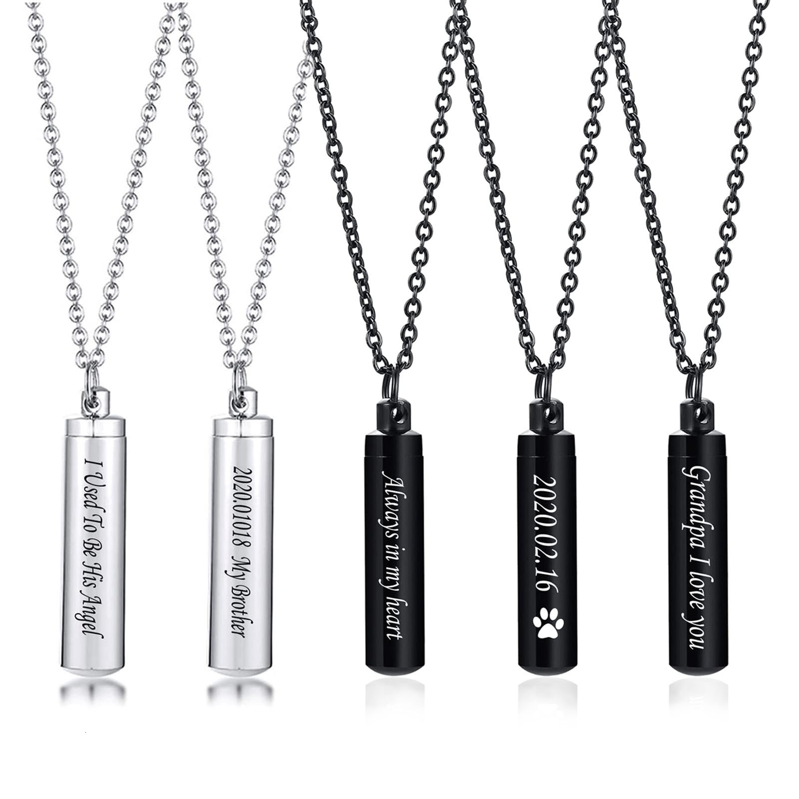 Hot selg stainless steel creative cydrical urn urn, engraved commemorative pendant accessory, can be opened necklace