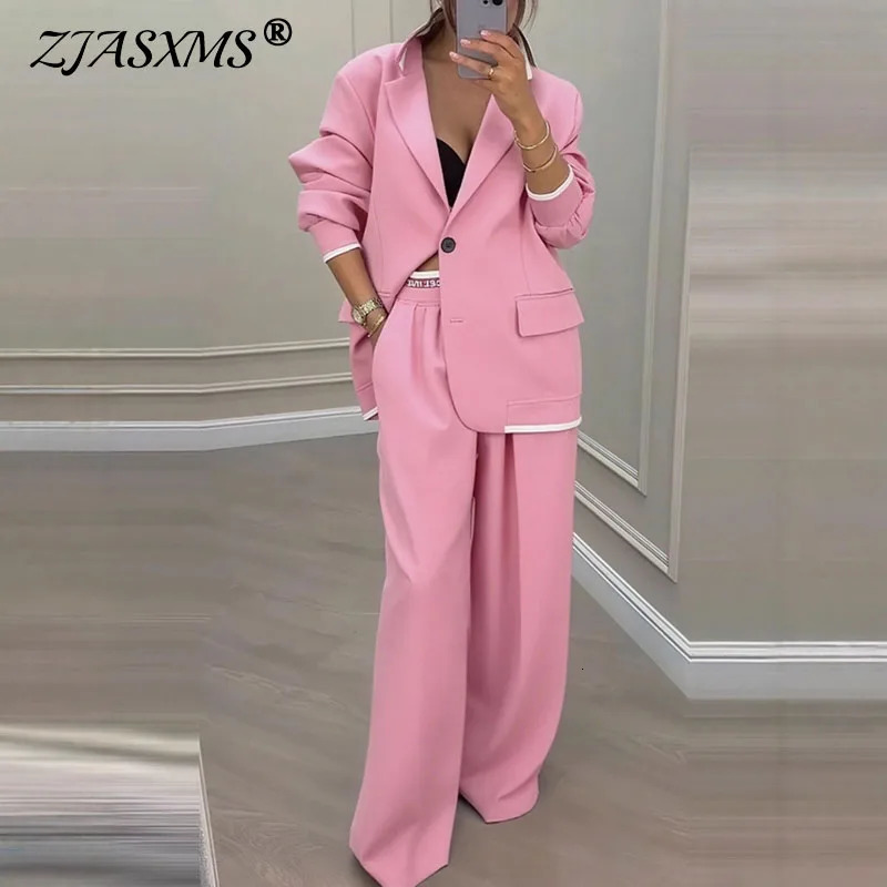 Autumn Winter Blazer Jacket Set Woman Elegant Single Button Lapel Cardigans Wide Leg Trousers Suit Elegant Solid Office Outfit 251103