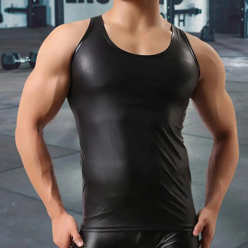 Mens sexy PU leather vest sleeveless Erotic Shaping Sheath elastic shirt soft latex body patent leather T-shirt club vest 250403