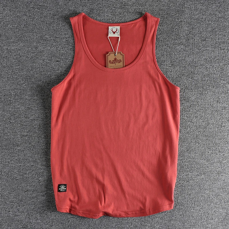 Summer American sleeveless O-neck solid color T-shirt mens fashion 100% pure cotton washing leisure sports fitness vest 250403