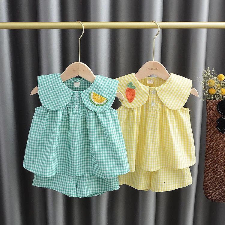 Summer Clothing Sets Baby Girl Cute Fruit Cotton Girls Plaid Sweet Princess 2pcs Suit Childrens Clothing Kids Vestidos 250407