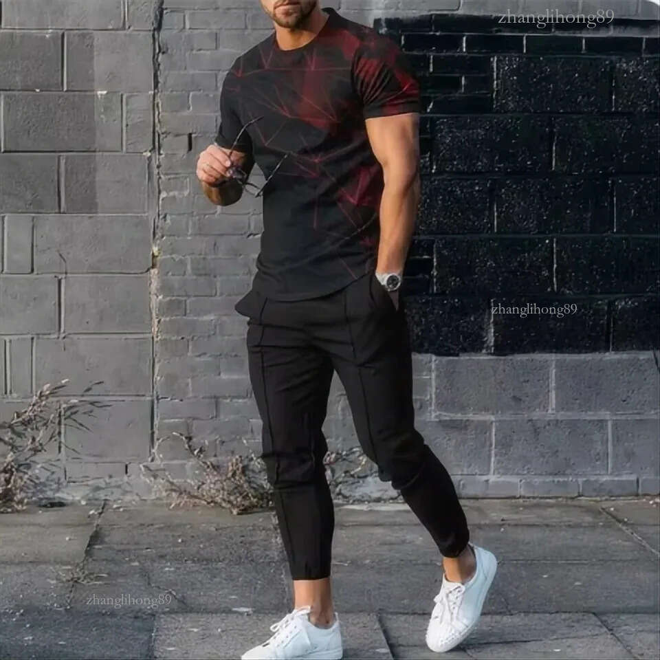 Mens Sweat Suits Sets - Summer Abstract Gradient 3D Printed T-Shirt and Pants Set 2-Piece Oversized Streetwear