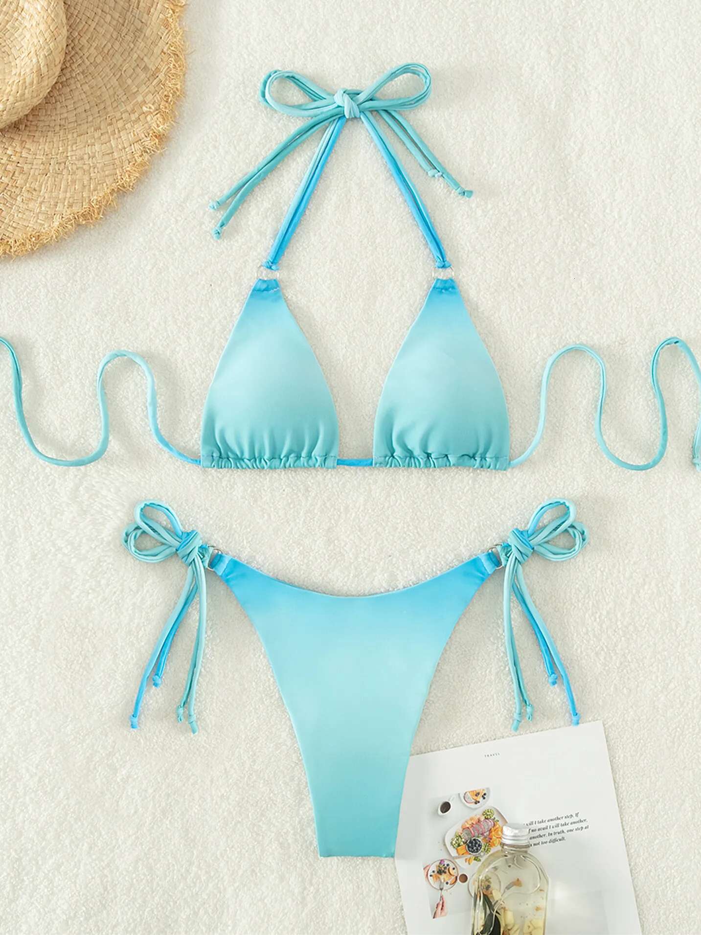 Dongdumaoyi Sexy Micro Bikini Women Pink Gradient Push Up Bikinis Sets Biquini Ribbed Bathing Suit Tie Side Triangle Swimwear Beachwear