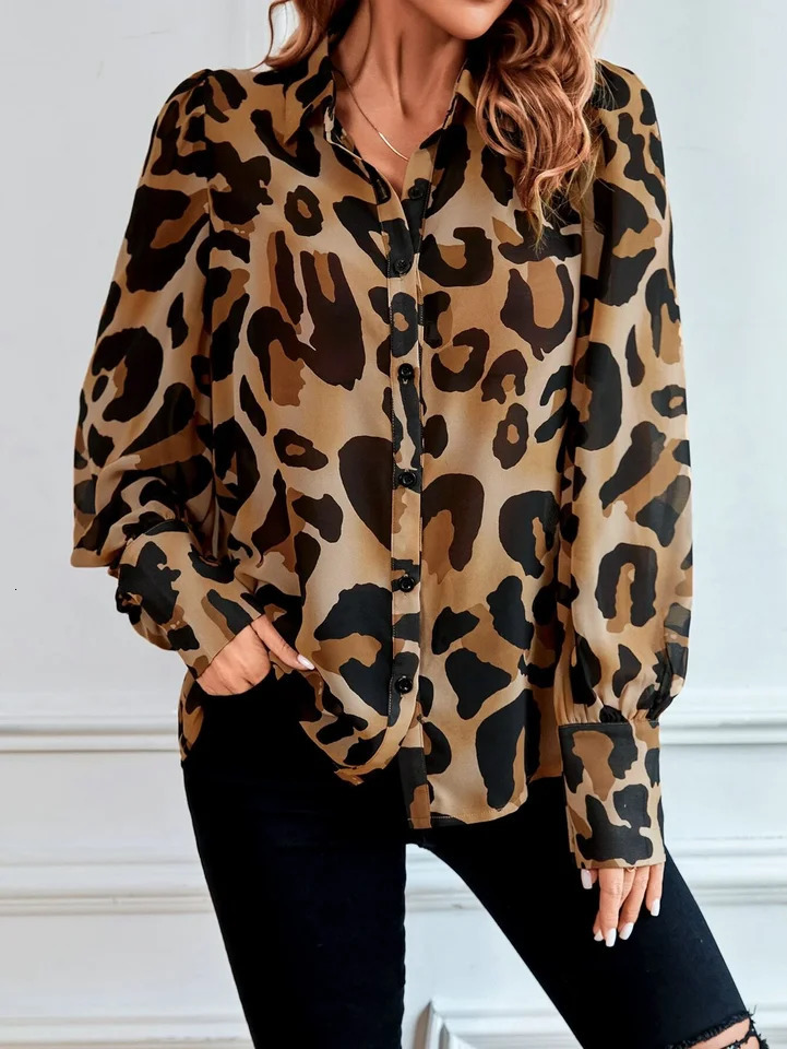 Spring and autumn womens fully printed leopard print lapel shirt long sleeved suitable for work leisure office 250407
