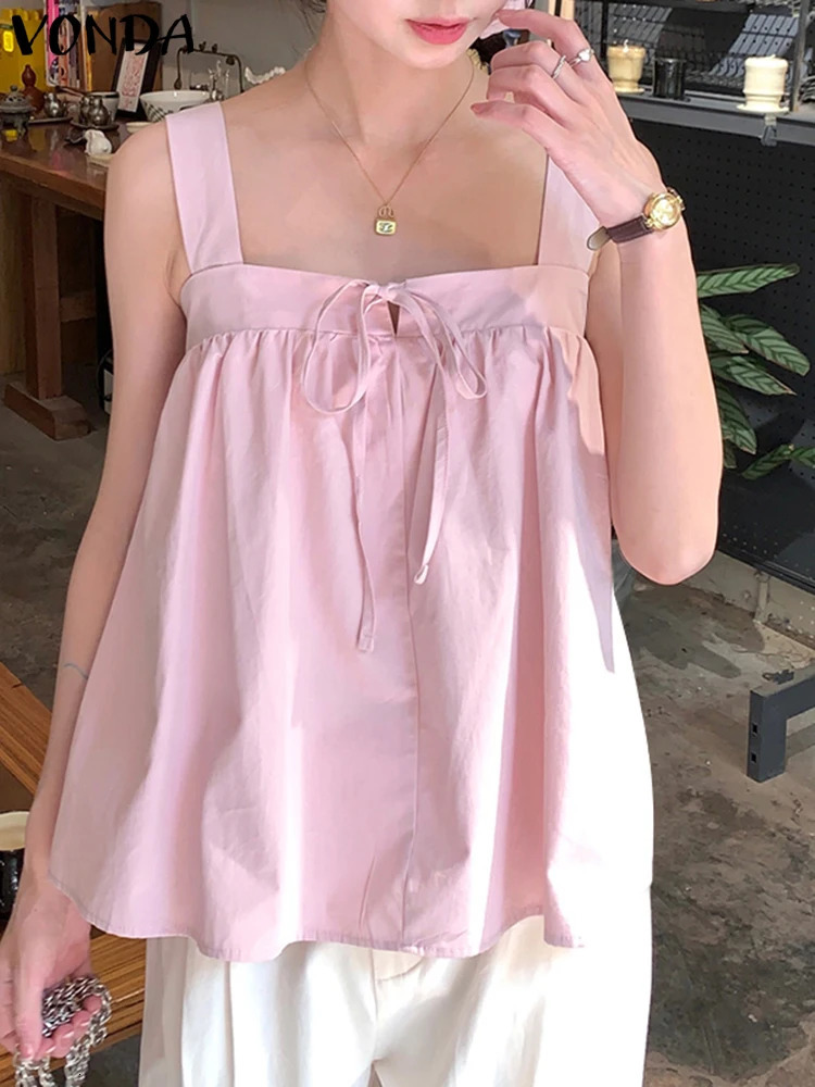 Summer womens vest sexy waistband sleeveless VONDA casual Tshirt solid color loose 250407