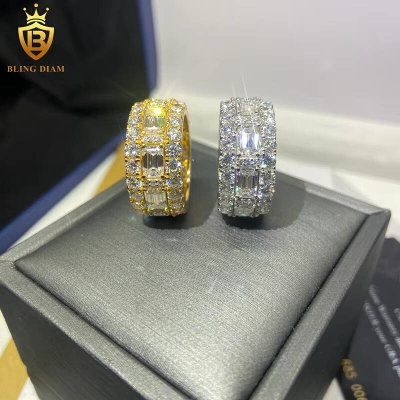 Luxury Full Diamond 925 Silver Ring Men HipHop Emerald Cut Moissanite Rings Iced Out Moissanite Ring GRA Pass Diamond Test Rings